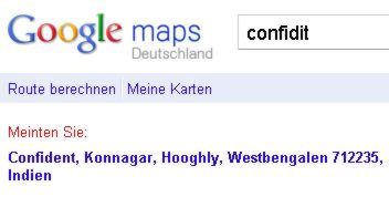 Bildschirmfoto einer 'Google maps'-Suchanfrage nach 'ConfidIT': Ein empfohlener Eintag in Westbengalen
