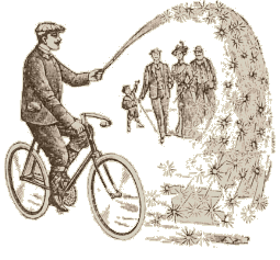 Historische Zeichnung eines Fahrradfahrers mit Feuerwerk